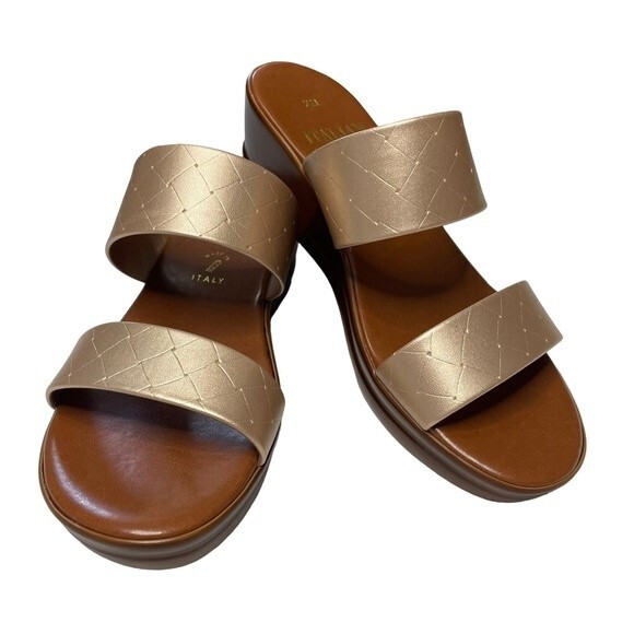 Italian Shoemakers Tan and Gold Slides Sandals 2 inch Heels, size 7M - Picture 1 of 12